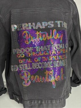 Custom Black Denim Jacket with Multicolor Embellished Butterfly patches